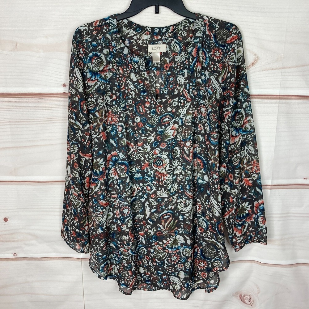LOFT Top Women S Brown Floral Blouse Long Sleeve Tunic Pullover Semi Sheer Woven